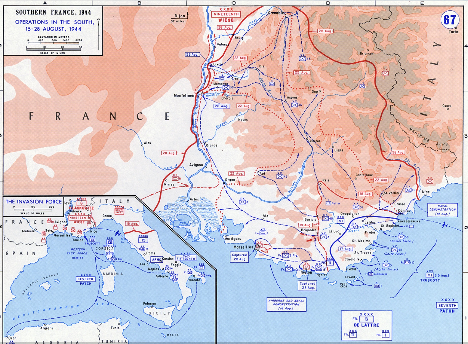A map showing the Allied amphibious landings and advance in Southern France, as well as German defensive positions 